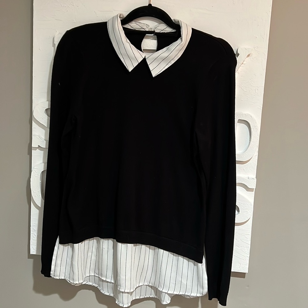 Crew neck sweater with faux collared shirt “underneath”